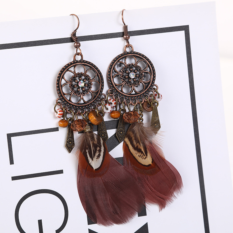 热卖 欧美波西米亚复古梦网点钻羽毛耳环圆形花纹羽毛耳饰