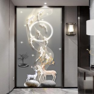 墙纸玄关装 头走廊尽背景墙壁画入户过道麋玄幻现代竖版 饰画鹿轻奢