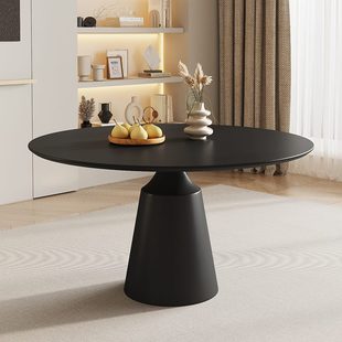 岩板圆形餐桌家用小户型极简纯黑圆桌带转盘纯白饭桌恰谈桌高端桌