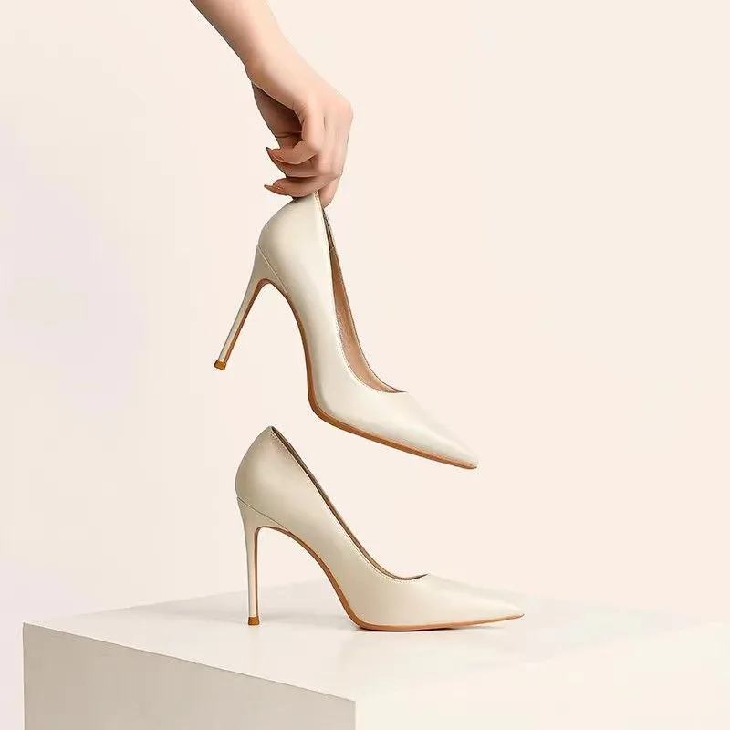 黑色高跟鞋女细跟真皮2025年新款性感气质裸色尖头工作鞋职业单鞋,女鞋,时尚芭蕾鞋,淘宝优惠券,粉丝福利购,淘宝优惠卷