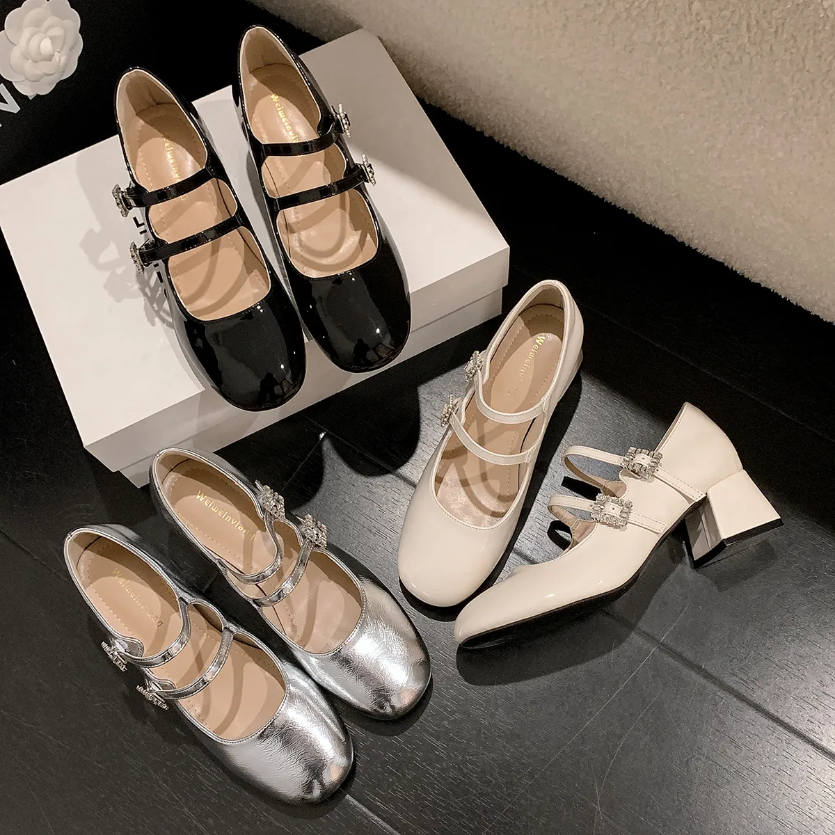 法式玛丽珍鞋女一字带粗跟单鞋女仙女风银色高跟鞋,女鞋,时尚芭蕾鞋,淘宝优惠券,粉丝福利购,淘宝优惠卷