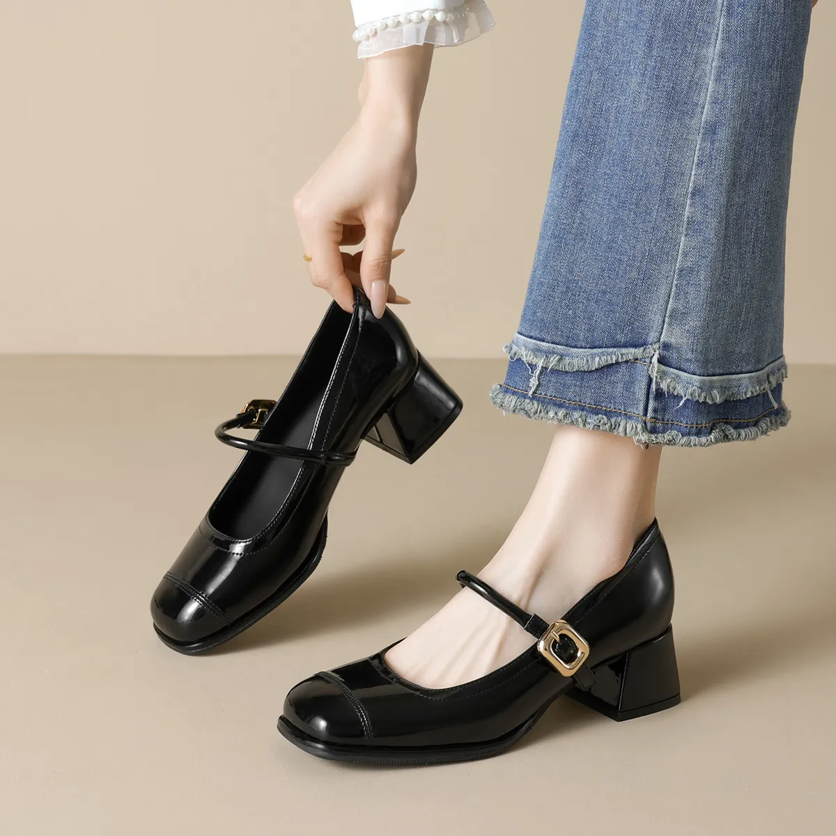 法式方头玛丽珍鞋女一字带高跟鞋浅口粗跟单鞋女通勤,女鞋,时尚芭蕾鞋,淘宝优惠券,粉丝福利购,淘宝优惠卷