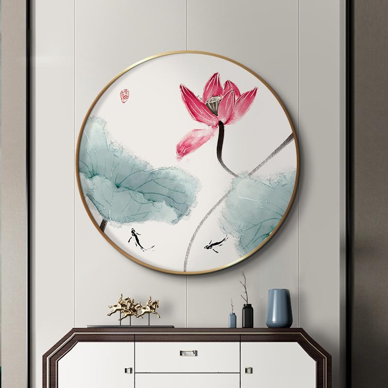 新中式客厅圆形装饰画玄关水墨荷花壁画茶室禅意挂画餐厅饭店墙画图片