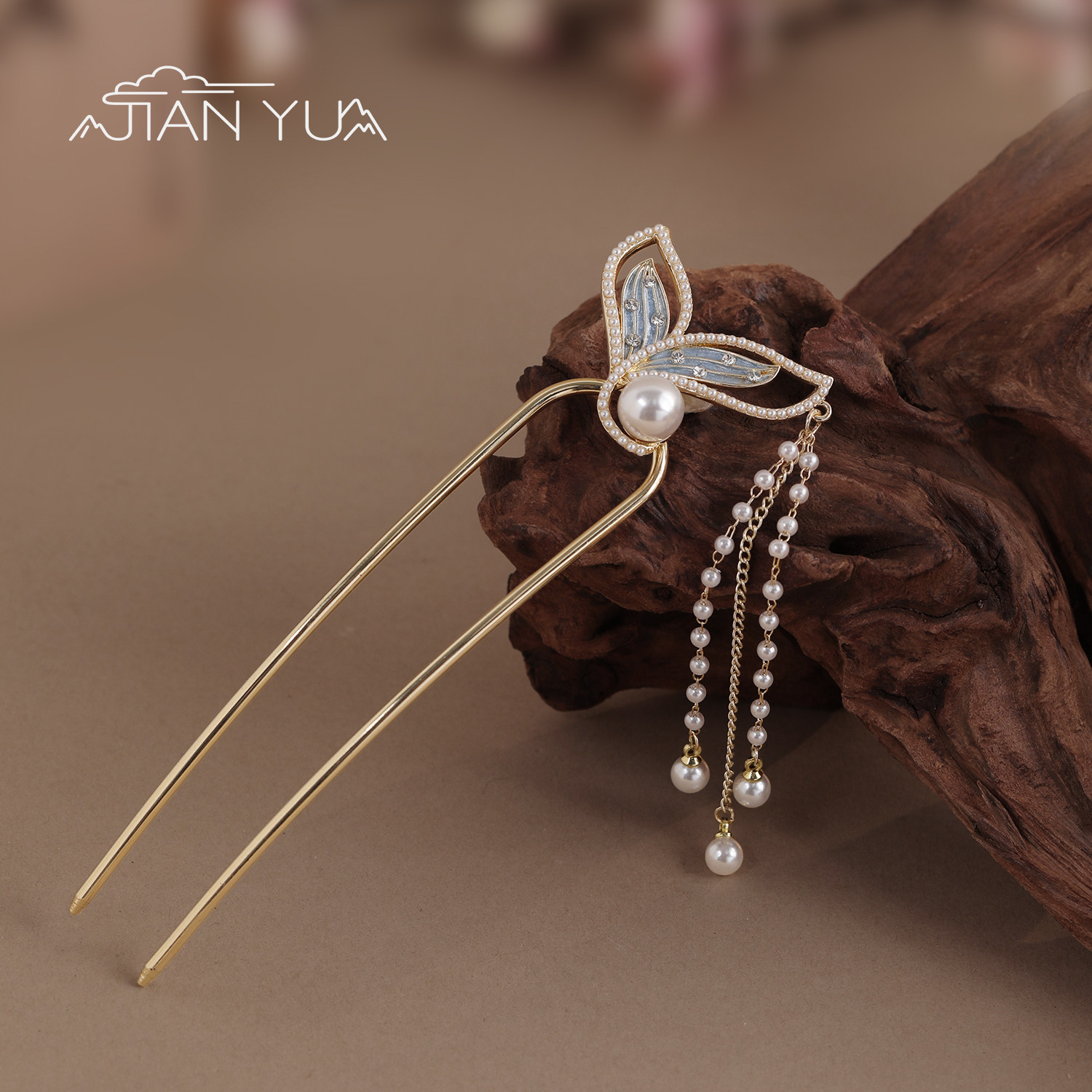 蝶钿垂光-新中式鱼尾珍珠流苏发簪复古简约U型发钗水钻国风发饰女,饰品/流行首饰/时尚饰品新,发饰,淘宝优惠券,粉丝福利购,淘宝优惠卷