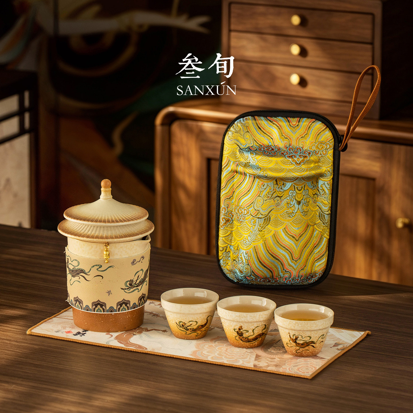 三旬故宫敦煌飞天文创快客杯一壶三杯便携式旅行茶具送长辈伴手礼