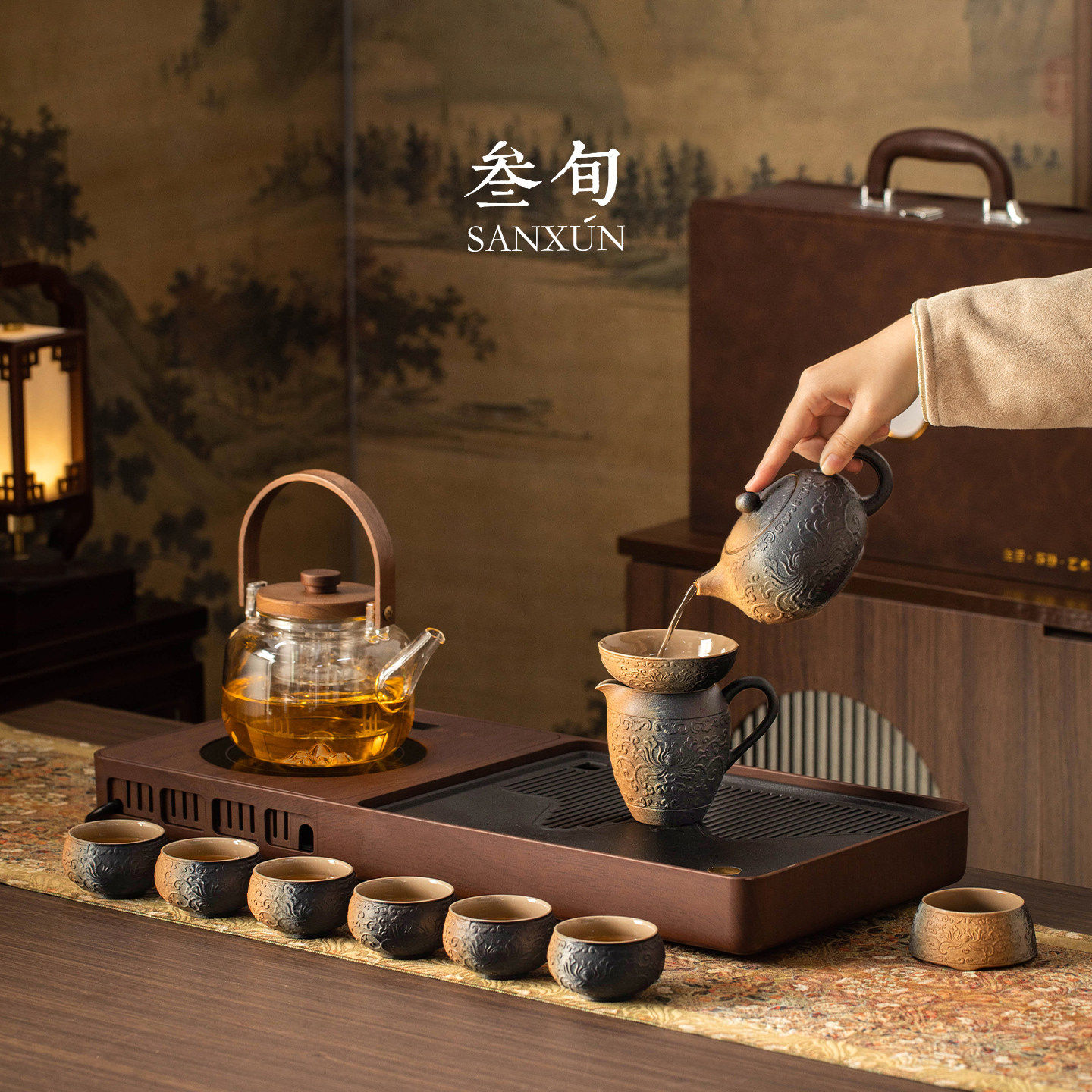 三旬窑变浮雕缠枝莲陶瓷家用煮茶壶办公茶台一体自动上水功夫茶具