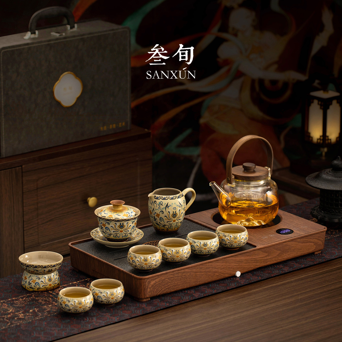三旬敦煌金银错缠枝盖碗茶具套装2026新款家用烧水壶一体茶盘茶台