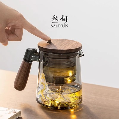 三旬千里江山飘逸杯玻璃泡茶壶茶水分离懒人神器家用高档茶具套装