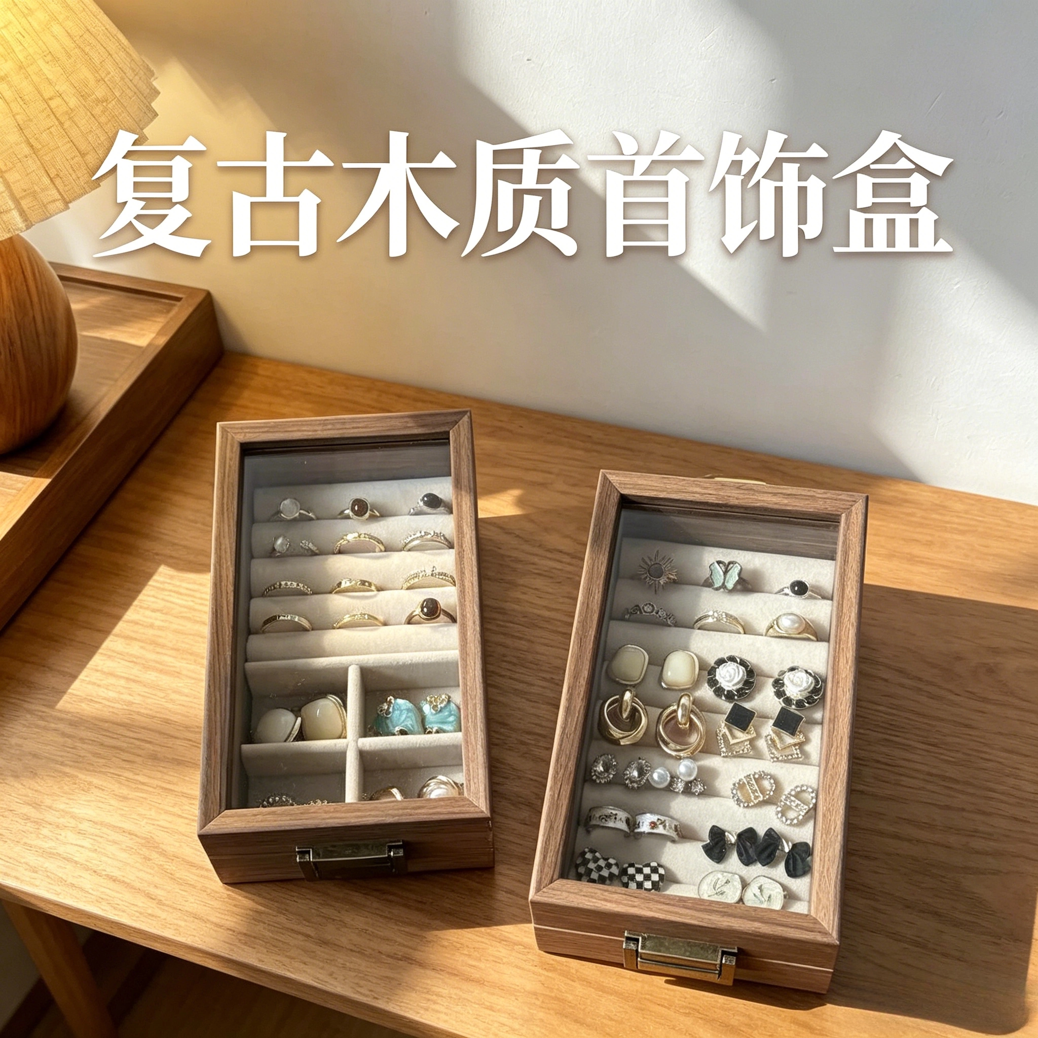 胡桃木长条首饰收纳盒分区设计家用防尘防氧化戒指耳钉耳环展示盒图片