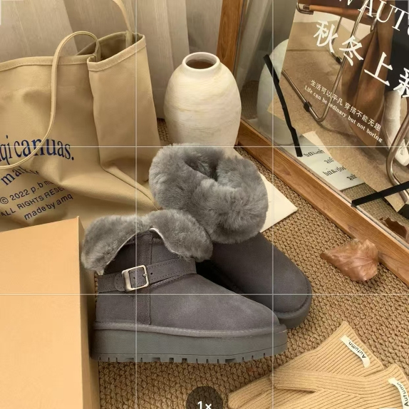 艾模儿25秋冬厚底雪地靴女冬季加绒保暖毛绒短靴皮带扣面包棉鞋