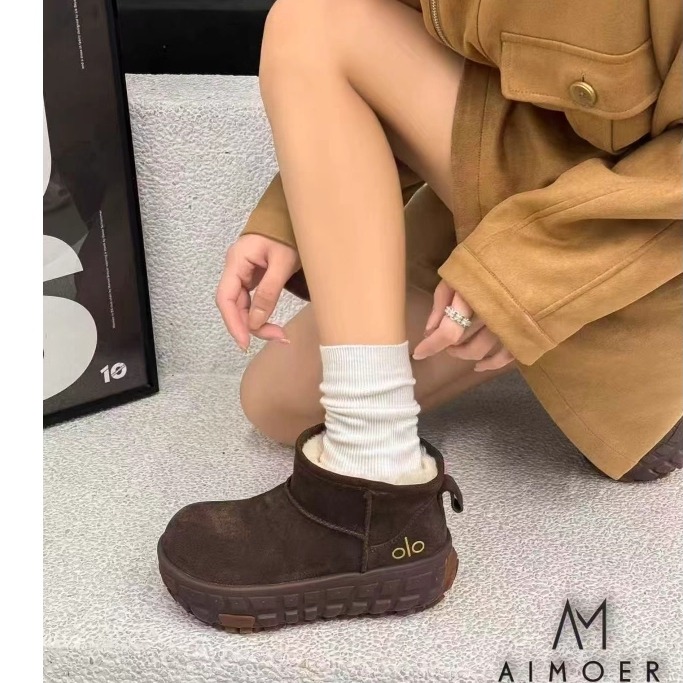 艾模儿25冬轮胎底厚底雪地靴女冬季轮胎底加绒保暖短靴一脚蹬棉靴