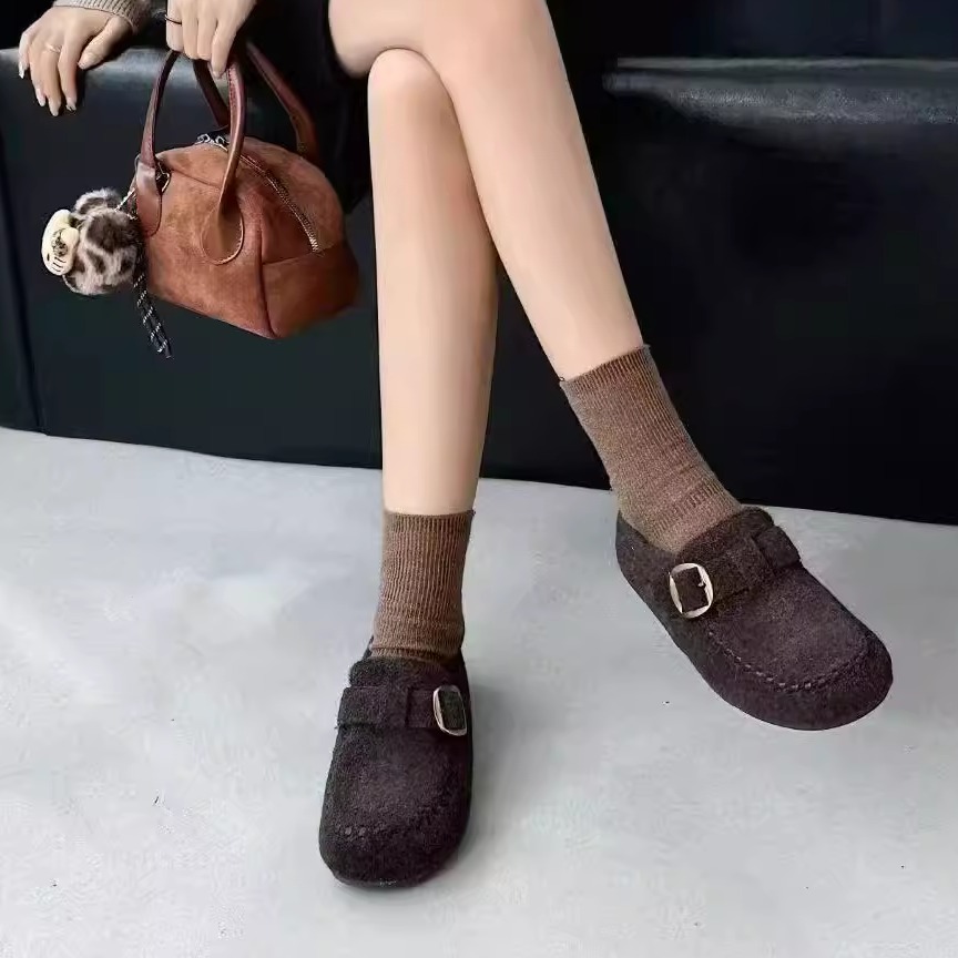第一佳人25冬休闲百搭勃肯鞋平底一脚蹬金属扣舒适保暖毛呢女加绒