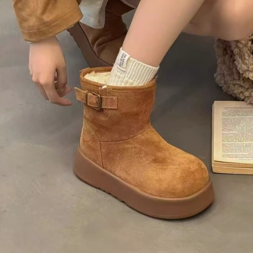 艾模儿25冬季加绒加厚厚底雪地靴女冬季加绒保暖翻边短靴毛绒棉鞋