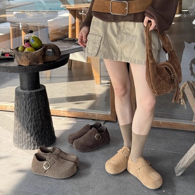 艾模儿25冬加毛新款真皮厚底增高勃肯鞋女鞋包底皮面博肯鞋一脚蹬