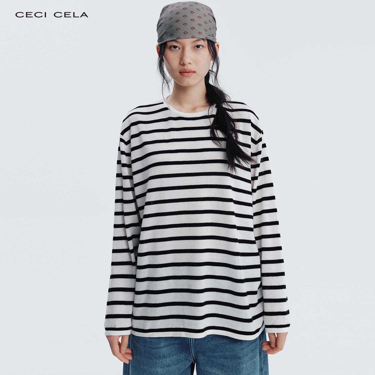 CECICELA条纹针织T恤长袖休闲风落肩袖美利奴羊毛圆领宽松型女装