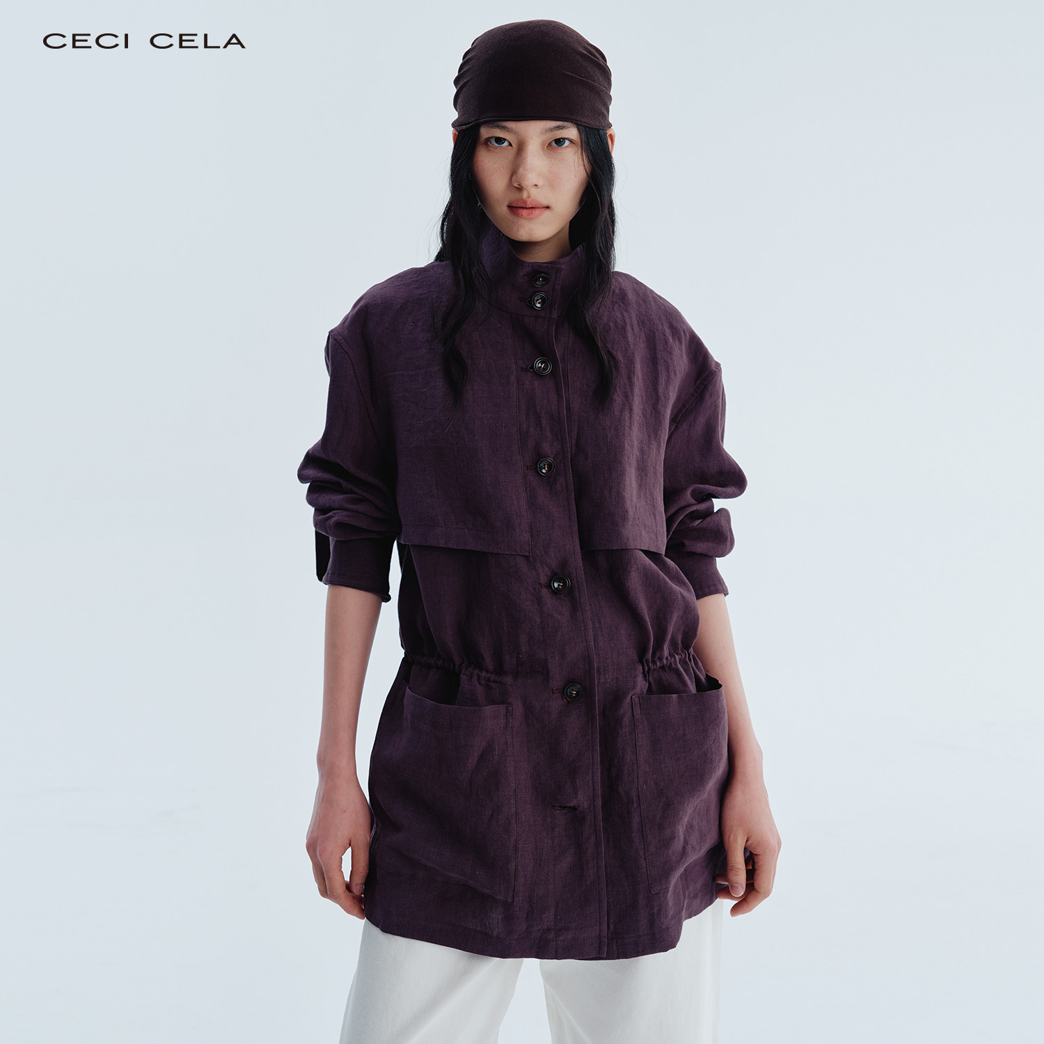 CECICELA立领简约款宽松休闲中长款外套女装排扣汉麻短款抽绳风衣