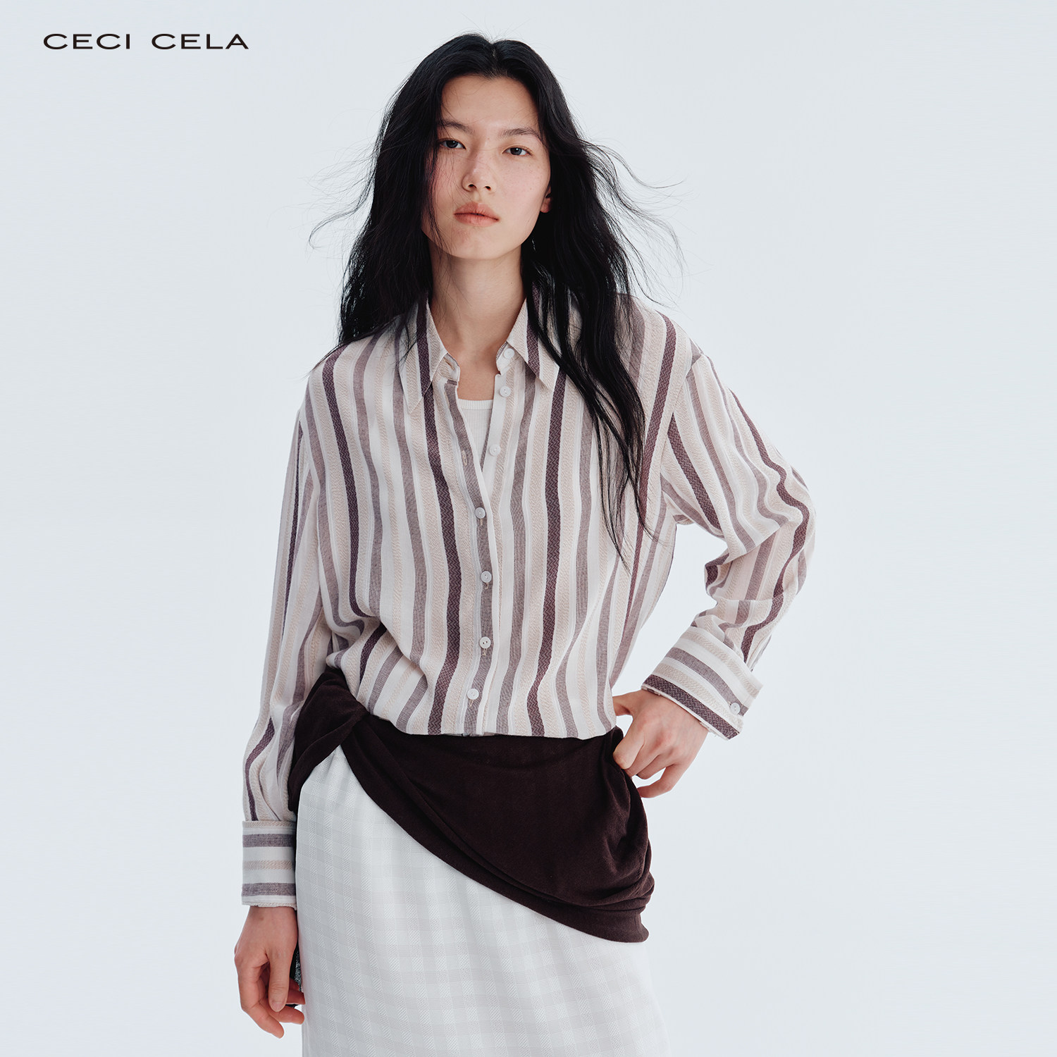 CECICELA纯棉腰带条纹衬衫宽松长袖女衬衫时尚穿搭女装高端百搭款