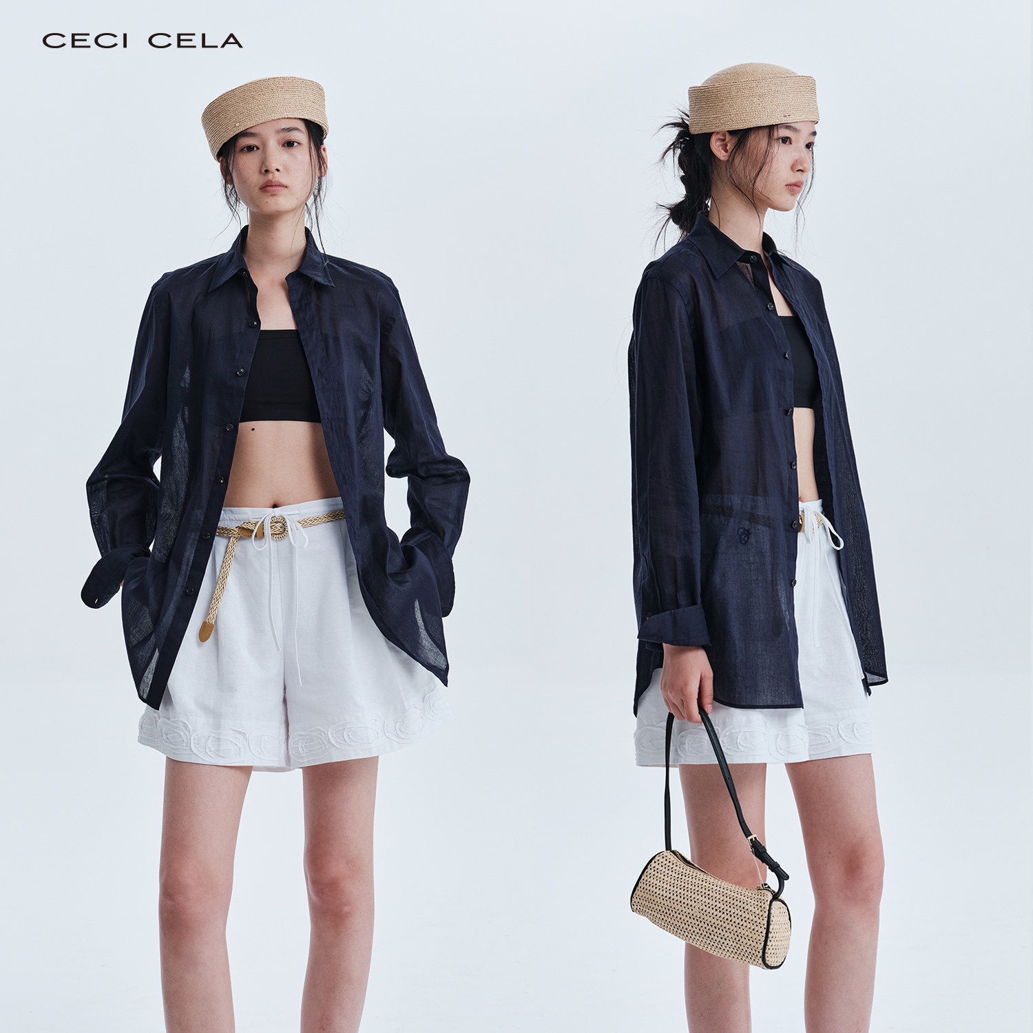 CECICELA透视苎麻棉纸片衬衫