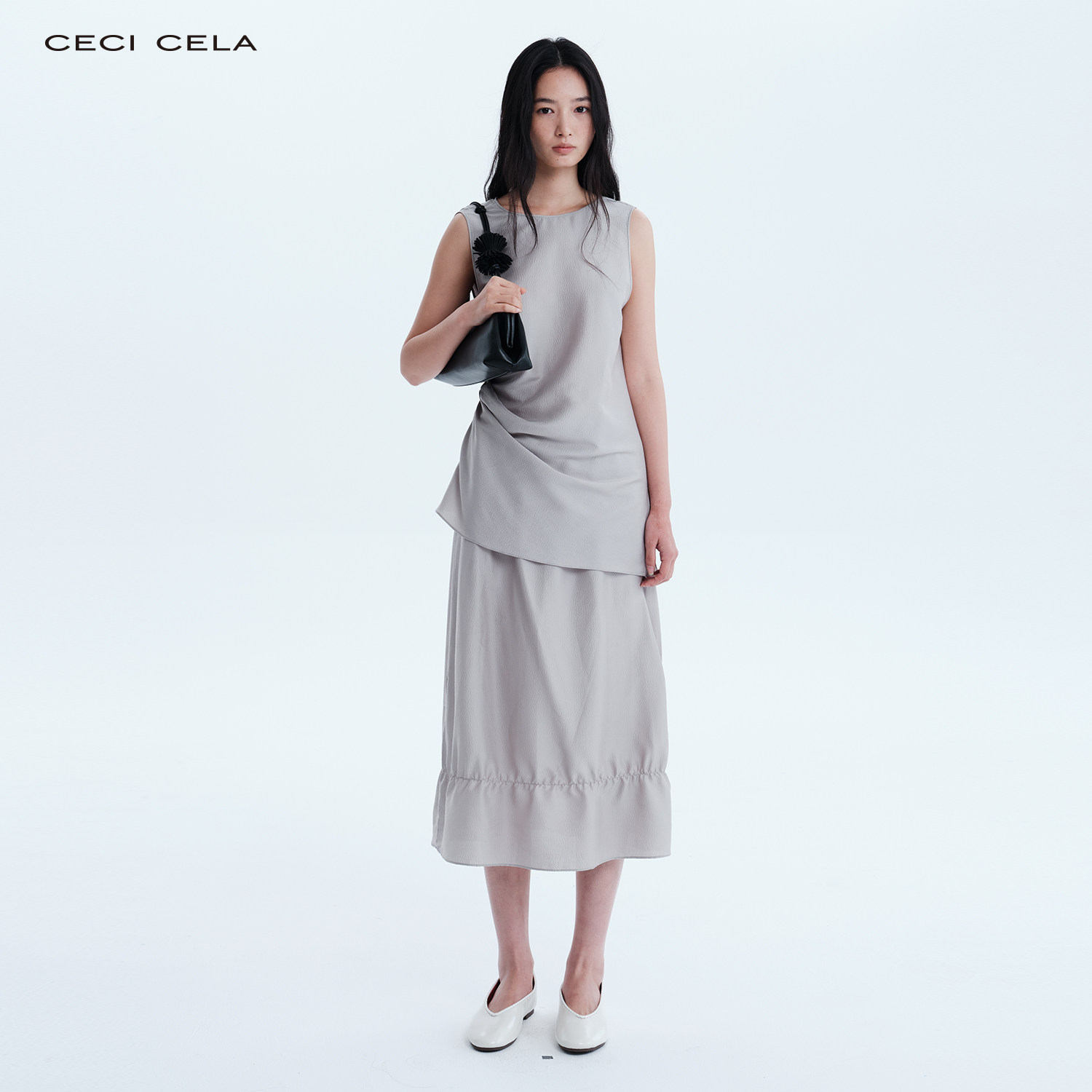 CECICELA桑蚕丝人丝抽绳不对称上衣真丝优雅时尚气质设计感女装