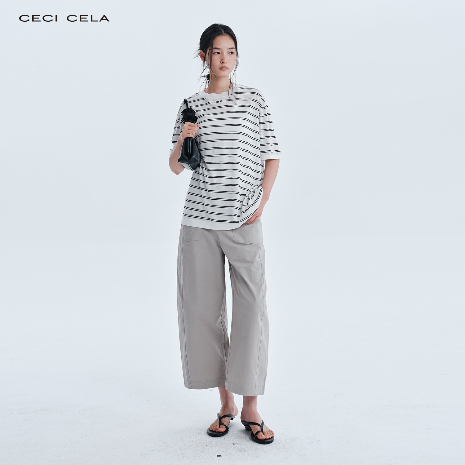 CECICELA天丝圆领条纹针织短袖休闲宽松亲肤简约上衣T恤女装