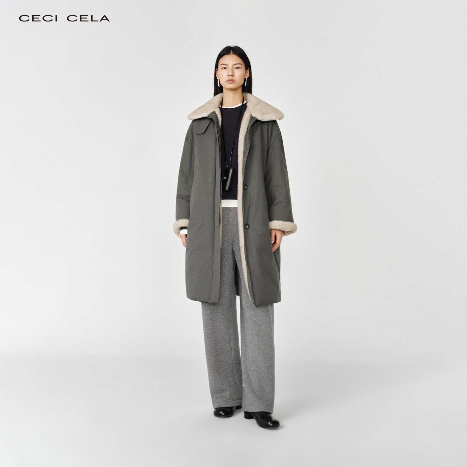 CECICELA 皮草感毛边+90%白鹅绒加厚保暖 翻立领长款大衣羽绒服