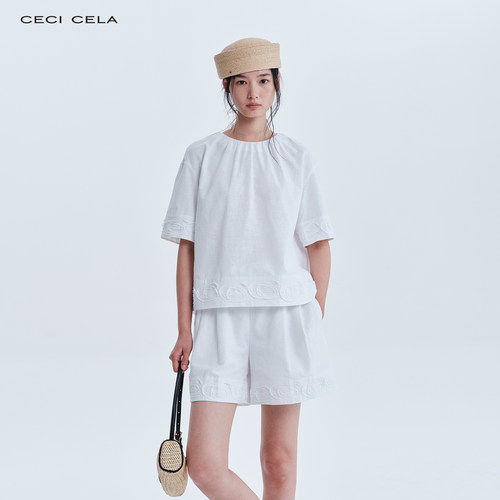 CECICELA法式亚麻手工织带上衣宽松型套头纯色简洁圆领休闲风短袖