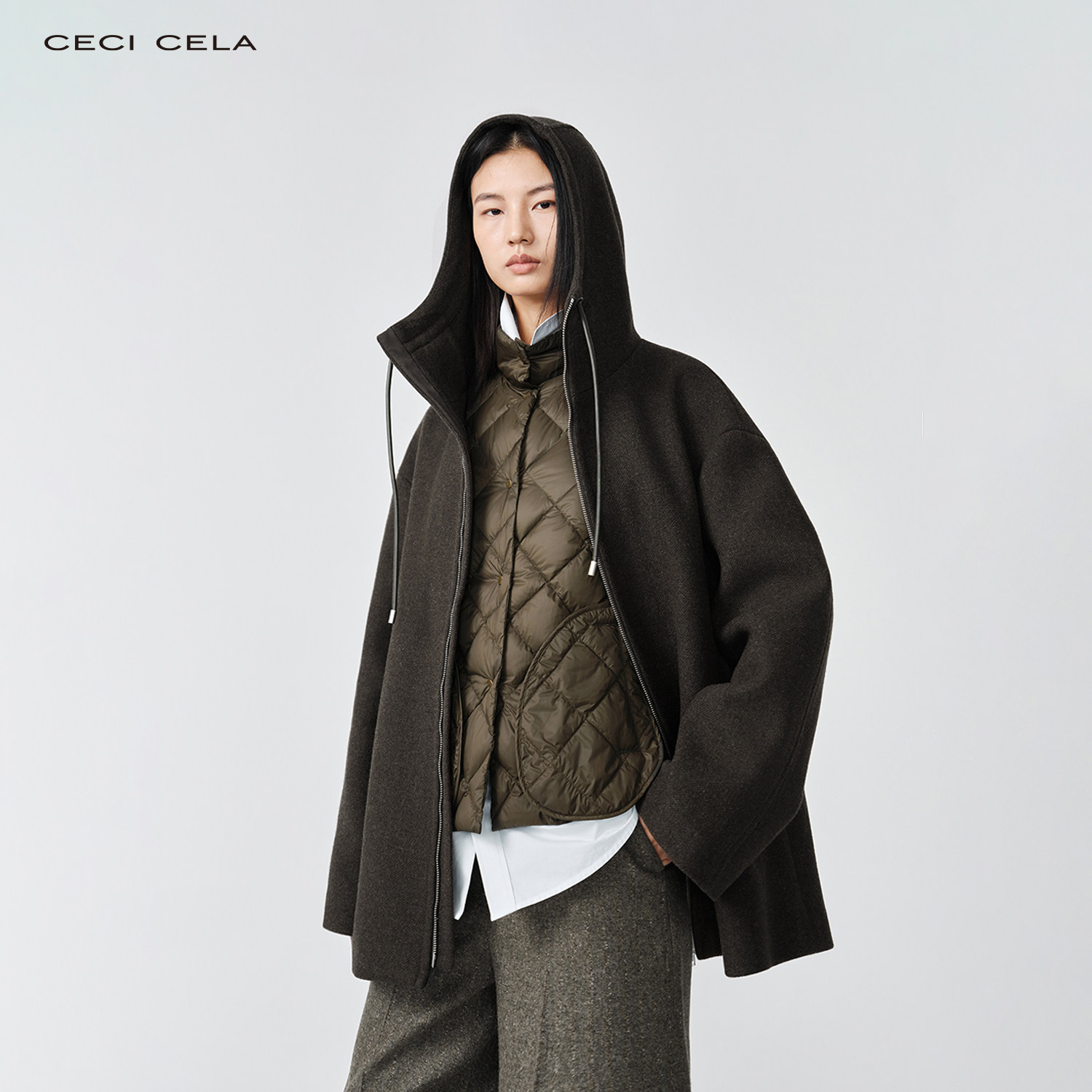 CECICELA 斜纹羊毛连帽双拉链休闲外套+90白鹅绒菱格立领羽绒马甲