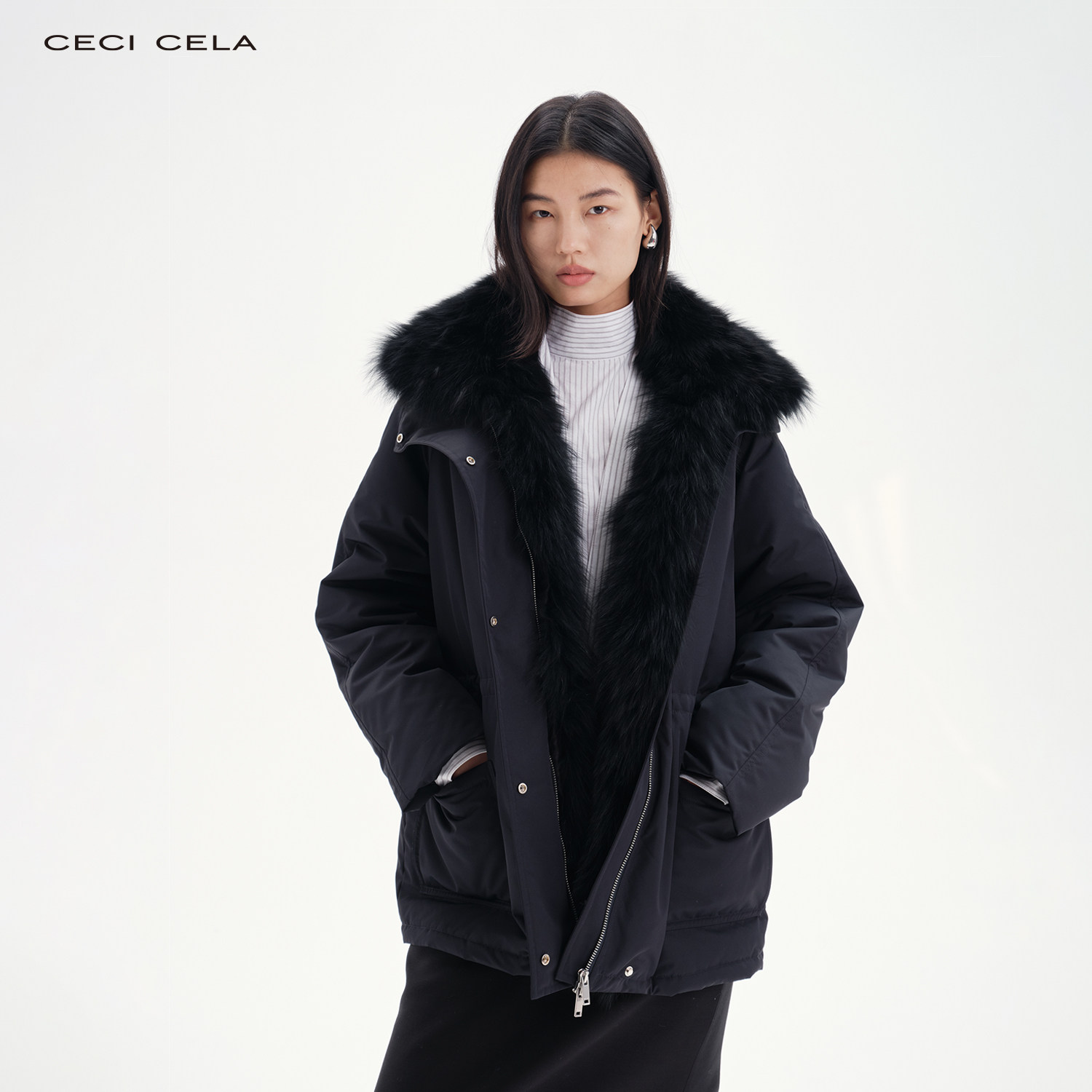 CECICELA 防风立领皮草领白鹅绒派克服