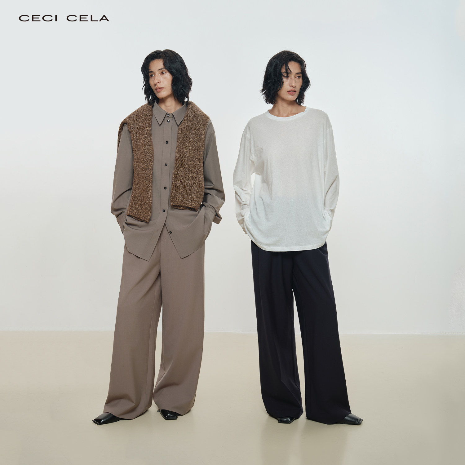 CECI CELA 随性松弛感压褶松紧腰显瘦百搭直筒羊毛西裤