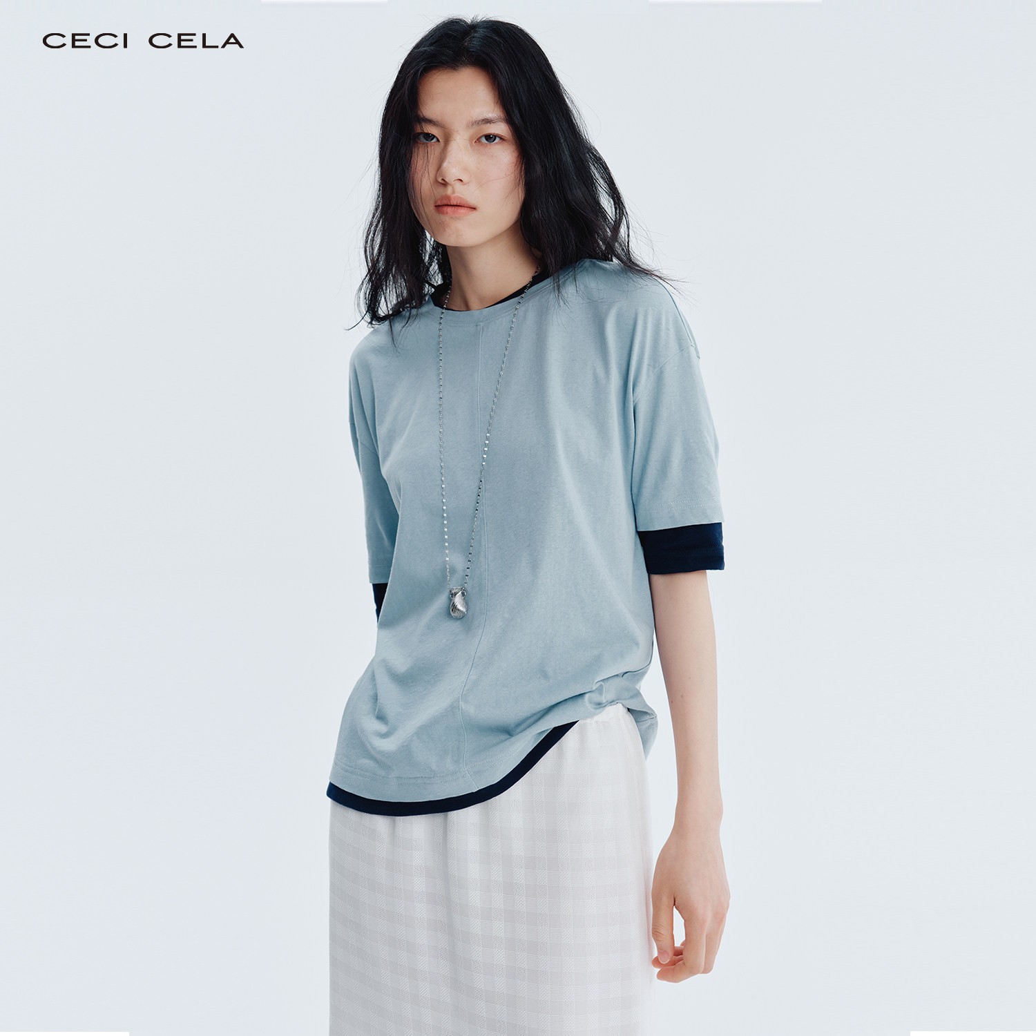 CECICELA假两件中袖针织衫休闲风套头宽松型女装圆领拼接撞色上衣