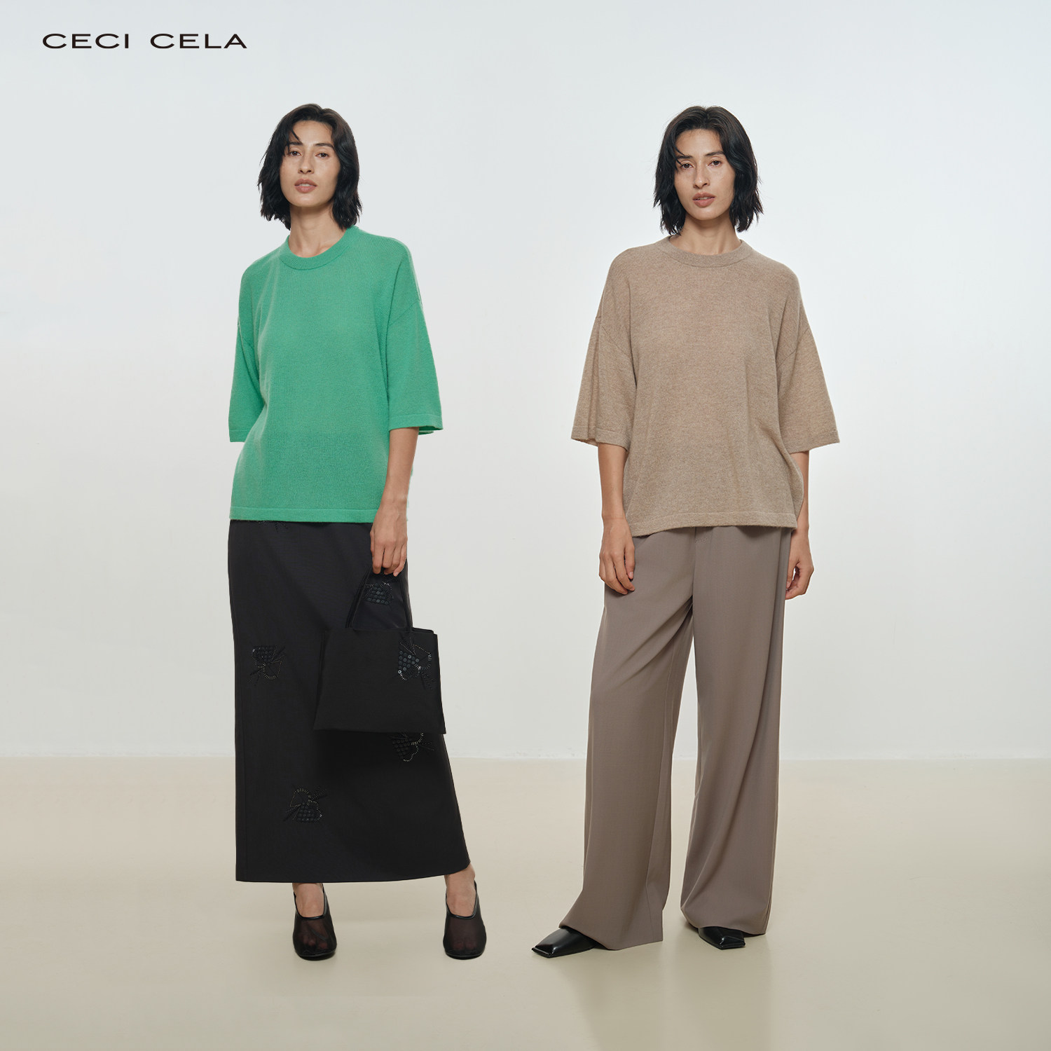 CECI CELA 柔软真丝羊绒纱经典百搭圆领短袖廓形套头T恤