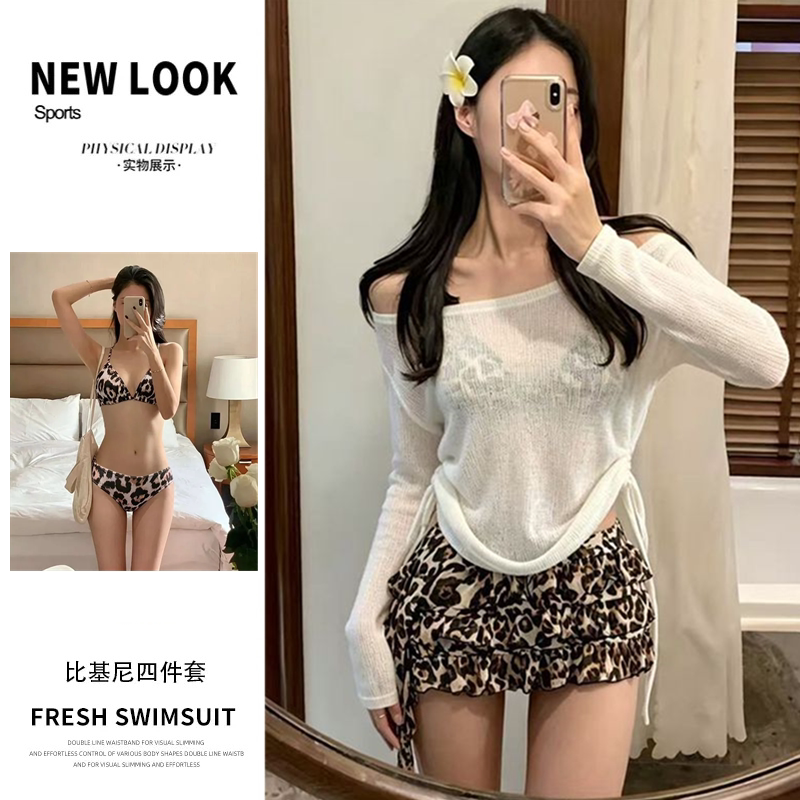 泳衣女豹纹比基尼四件套辣妹性感