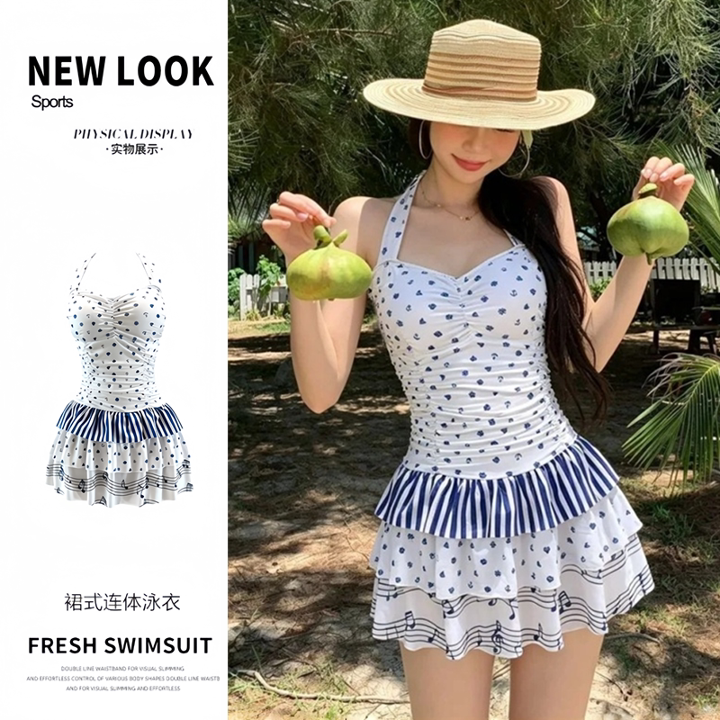 游泳衣女裙式连体韩版ins海军风