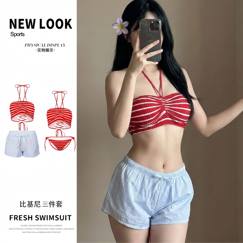 泳衣女多巴胺海边穿搭辣妹纯欲风新款美式条纹抹胸度假海边显身材