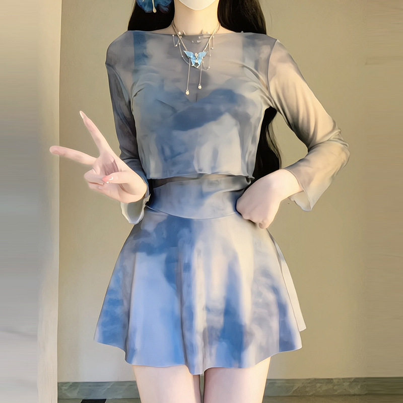 泳衣女裙式连体扎染蓝带钢托聚拢