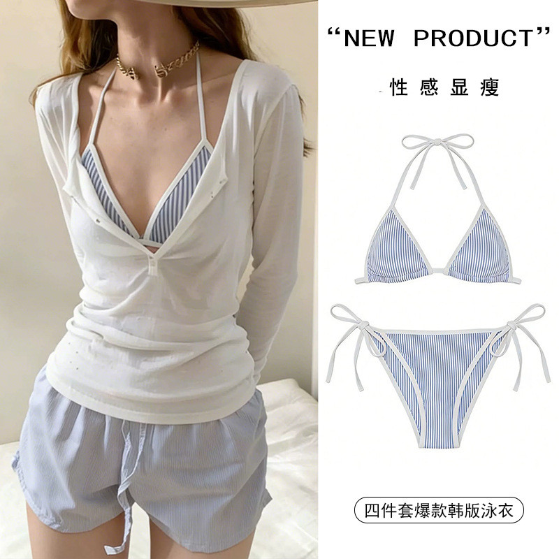 泳衣女比基尼四件套韩系条纹度假