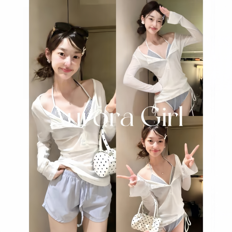 泳衣女分体四件套高颜值带胸垫辣妹长袖罩衫森系韩版防晒度假泳装