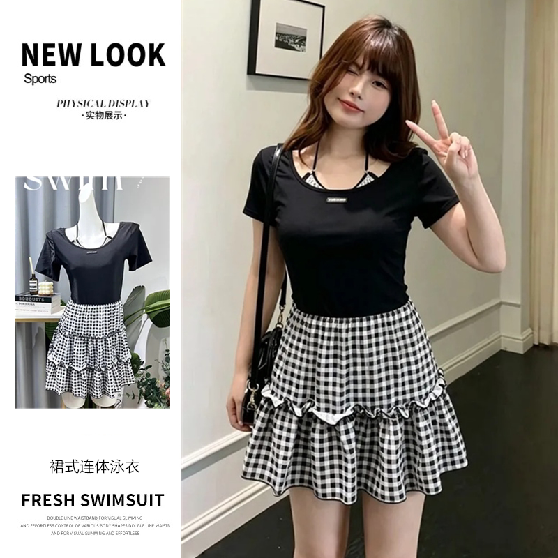 泳衣女裙式连体大码胖MM韩版格子