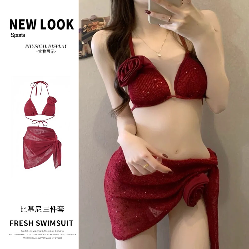 游泳衣女比基尼三件套性感红玫瑰