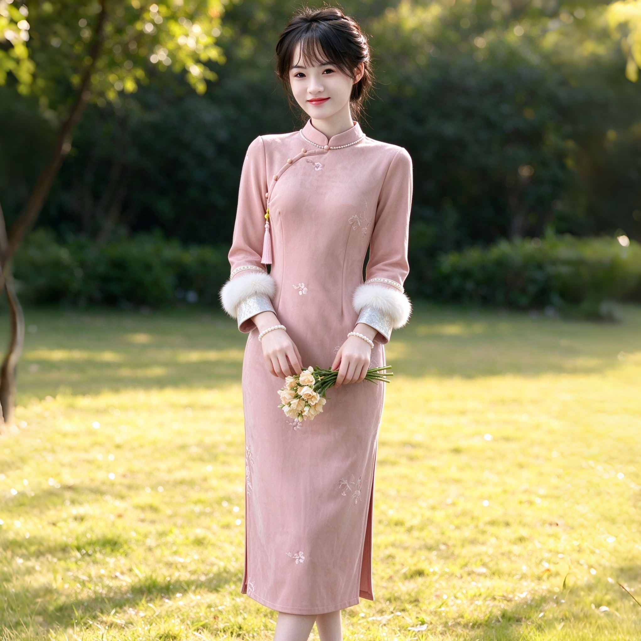 挽苏粉色拼接长袖旗袍2026新款改良新中式加绒加厚连衣裙女秋冬季