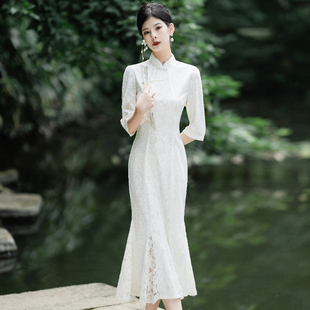 挽苏白色旗袍2026新款改良年轻款蕾丝鱼尾新中式订婚连衣裙女长袖