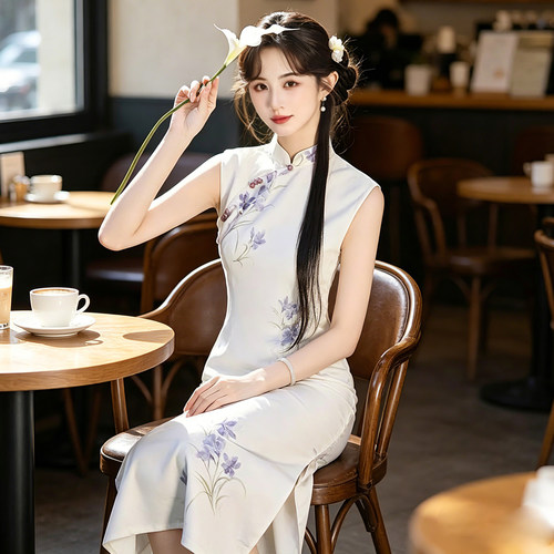挽苏白色无袖蕾丝提花旗袍连衣裙