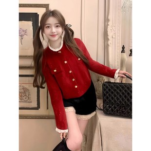 跨年穿搭红色新年毛衣女秋G冬小个子甜美软糯针织开衫 2025新款 上