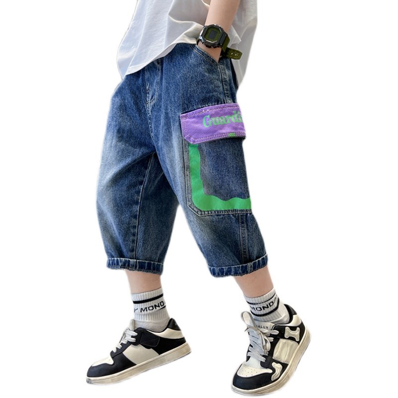 儿童中裤夏装男童软牛仔短裤薄款2024新款帅气Q中T大童七分裤时尚