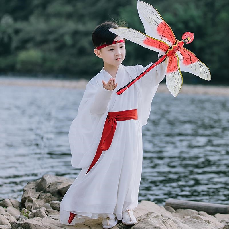 汉服儿童演出服古装m中国风男童春秋交领女孩白色超仙侠国学表演