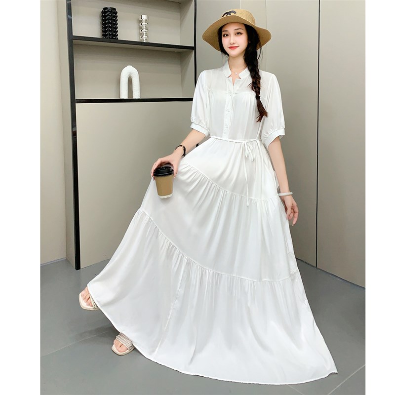 胖MM大码棉绸连衣裙长q裙宽松系带收腰人造棉复古气质夏季梨形身