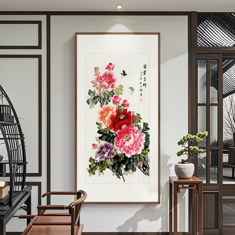 花开富贵牡丹入j户玄关装饰画高档酒店办公室花卉国画红色艺术挂图片