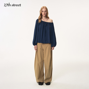 27thstreet 藏青色斜肩棉麻灯笼袖宽松系带抽褶针织长袖T恤上衣女