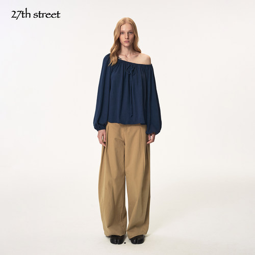 27thstreet 藏青色斜肩棉麻灯笼袖宽松系带抽褶针织长袖T恤上衣女