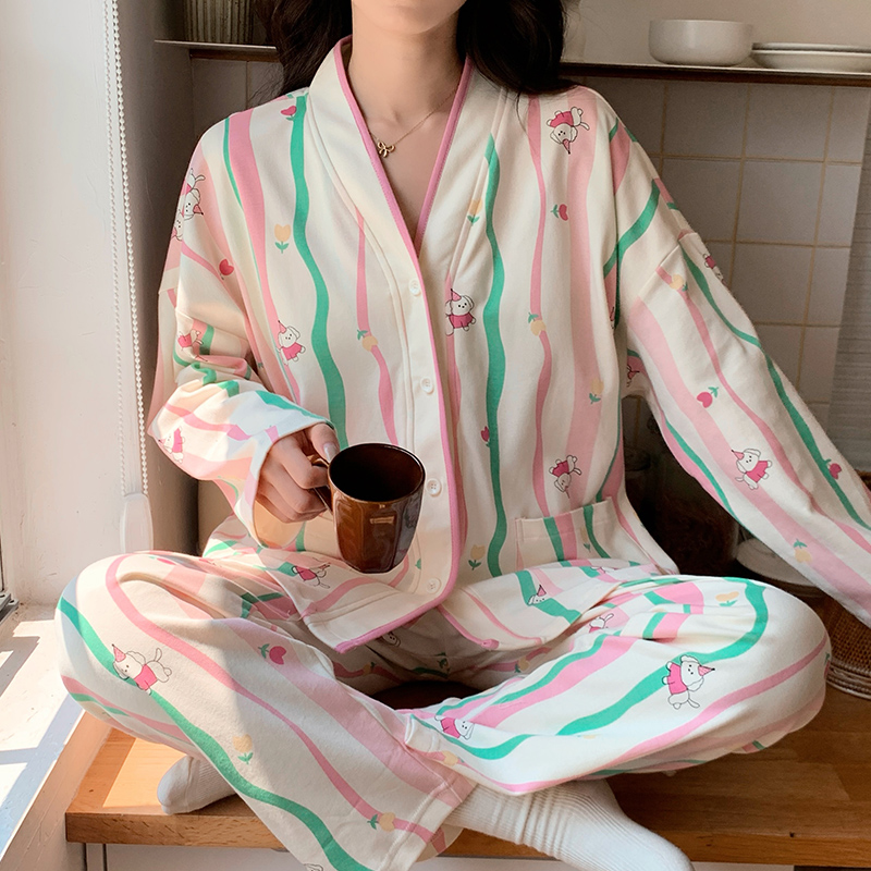 开衫长袖可爱睡衣女士仿棉春秋冬季2024新款宽松网红风家居服套装